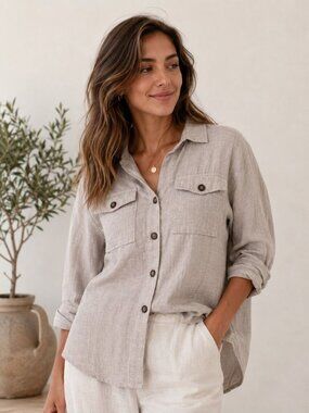Ashley By 26 International Beige Linen Button Up Shirt Women's Size Large